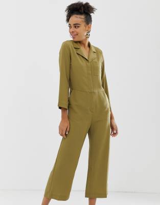 Monki cropped utility jumpsuit in khaki-Green