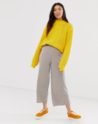 Monki cropped wide leg trousers with elastic waist in dark beige