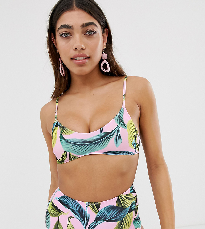Monki cross back tropical print bikini top in pink