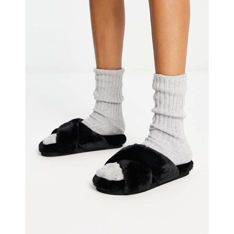 Monki cross front slider slippers in black faux fur | ASOS