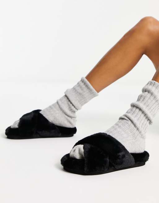 Monki cross front slider slippers in black faux fur ASOS