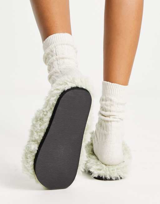 Mint green fluffy slippers hot sale