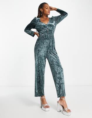 crushed velvet jumpsuit in dark green