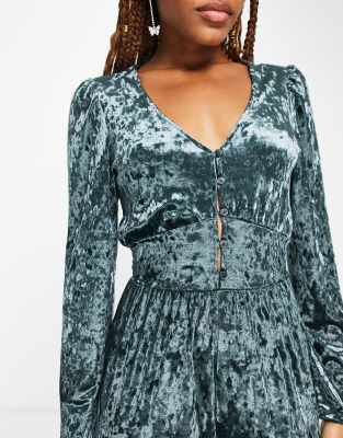 Monki crushed velvet jumpsuit in dark green | ASOS