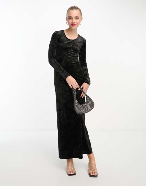 Monki crushed velvet long sleeve maxi dress in black - view 1