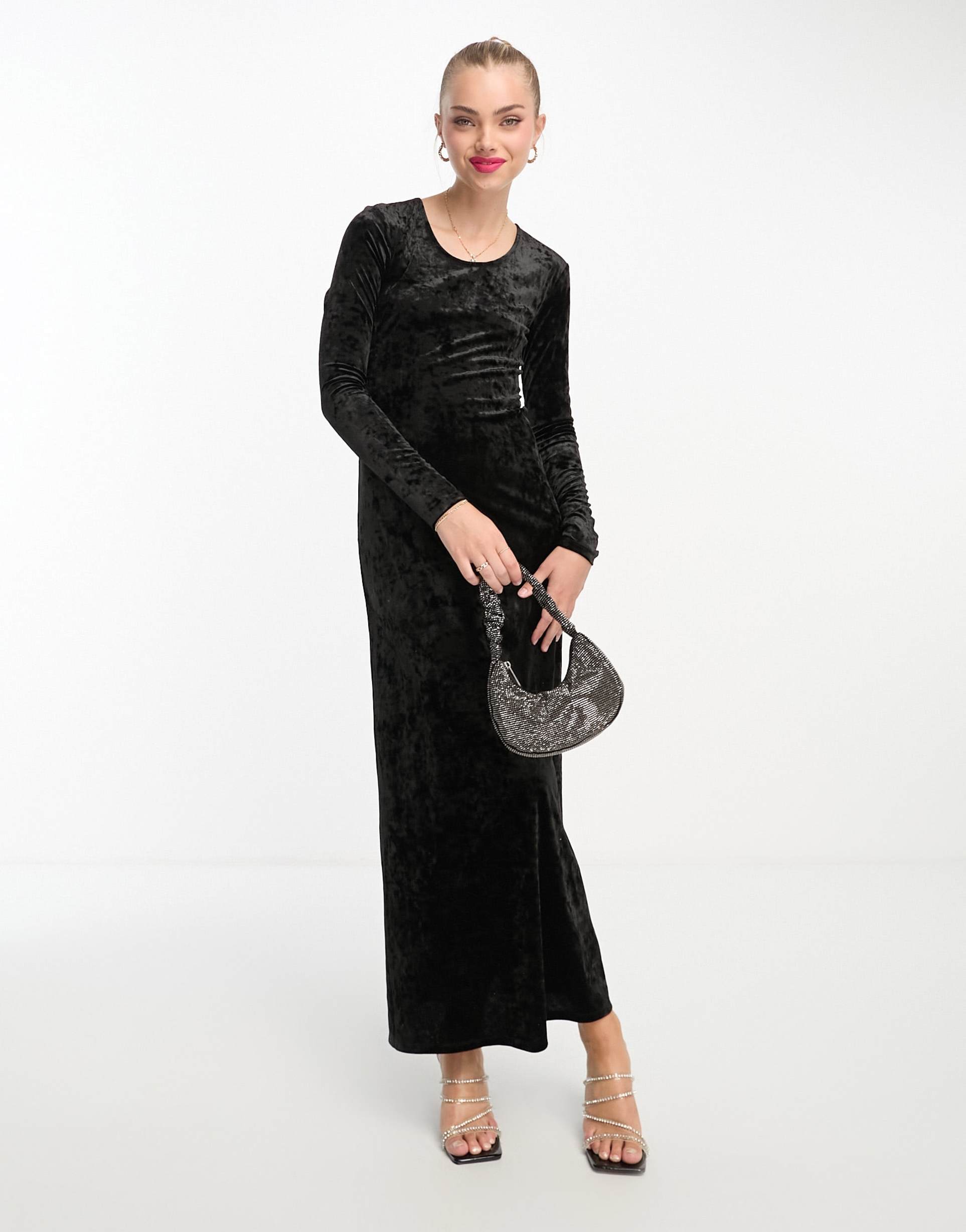 monki crushed velvet long sleeve maxi dress in black