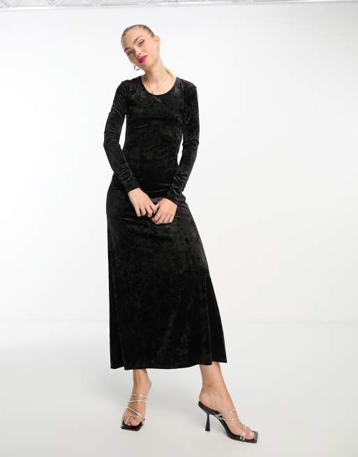 Monki crushed velvet long sleeve maxi dress in black