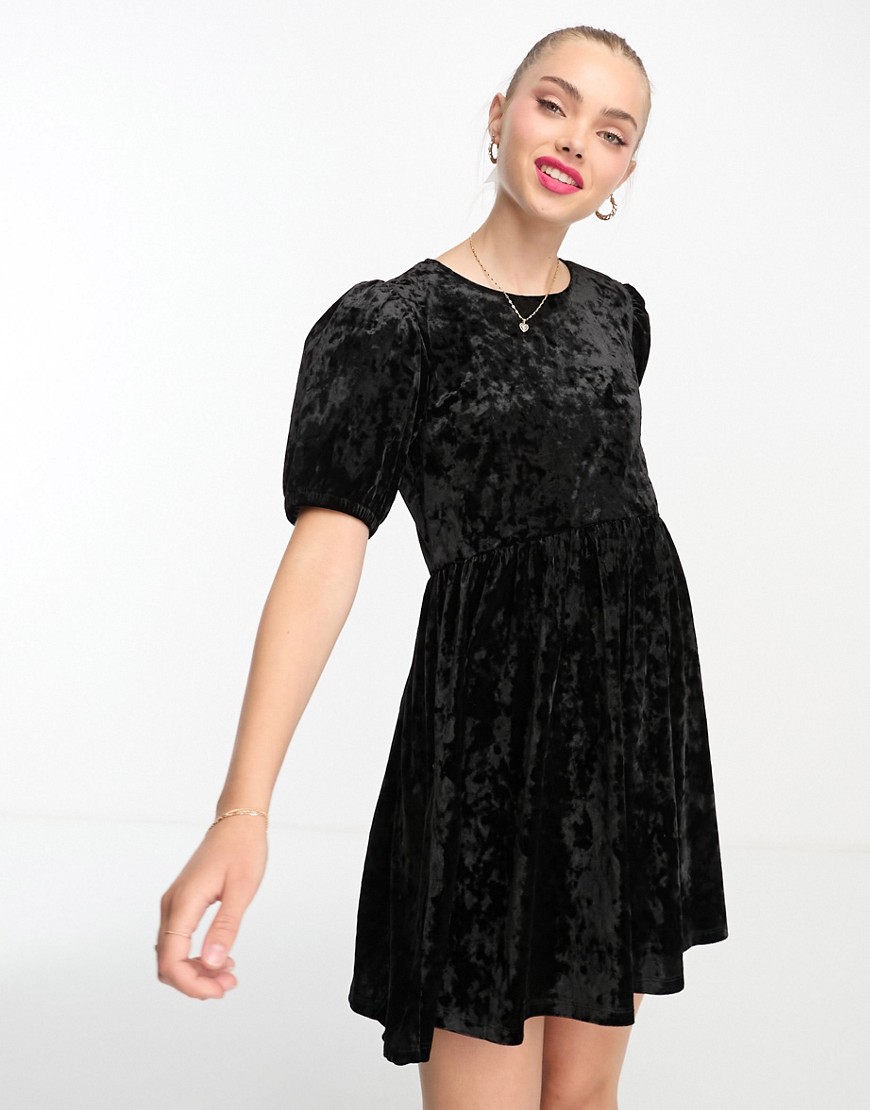 Monki crushed velvet mini puff sleeve dress in black