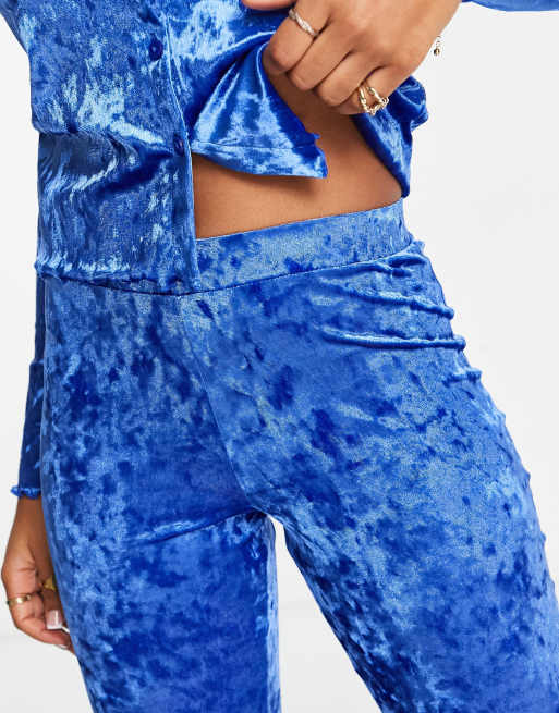 Blue Crushed Velvet Flare Pants