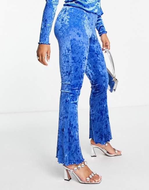 Blue Crushed Velvet Flare Pants