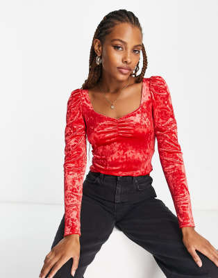 Monki crushed velvet sweetheart neckline top in red