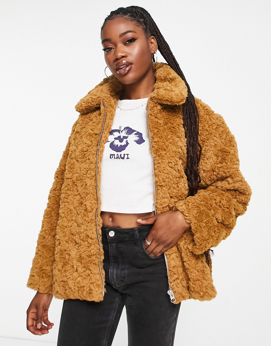 Monki Curly Faux Fur Boxy Jacket In Brown