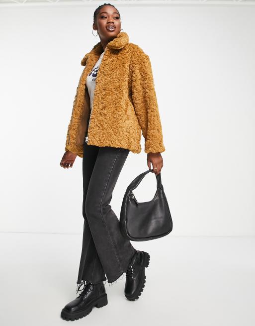 Monki curly faux fur boxy jacket in brown ASOS