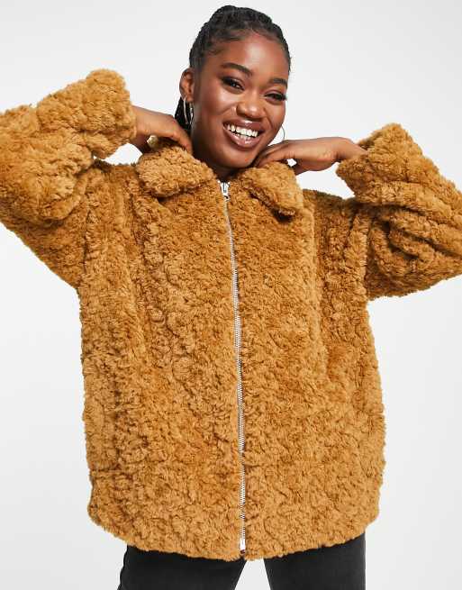 Monki curly faux fur boxy jacket in brown