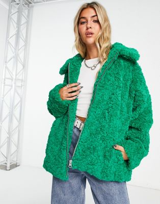 Monki curly faux fur boxy jacket in green - ASOS Price Checker