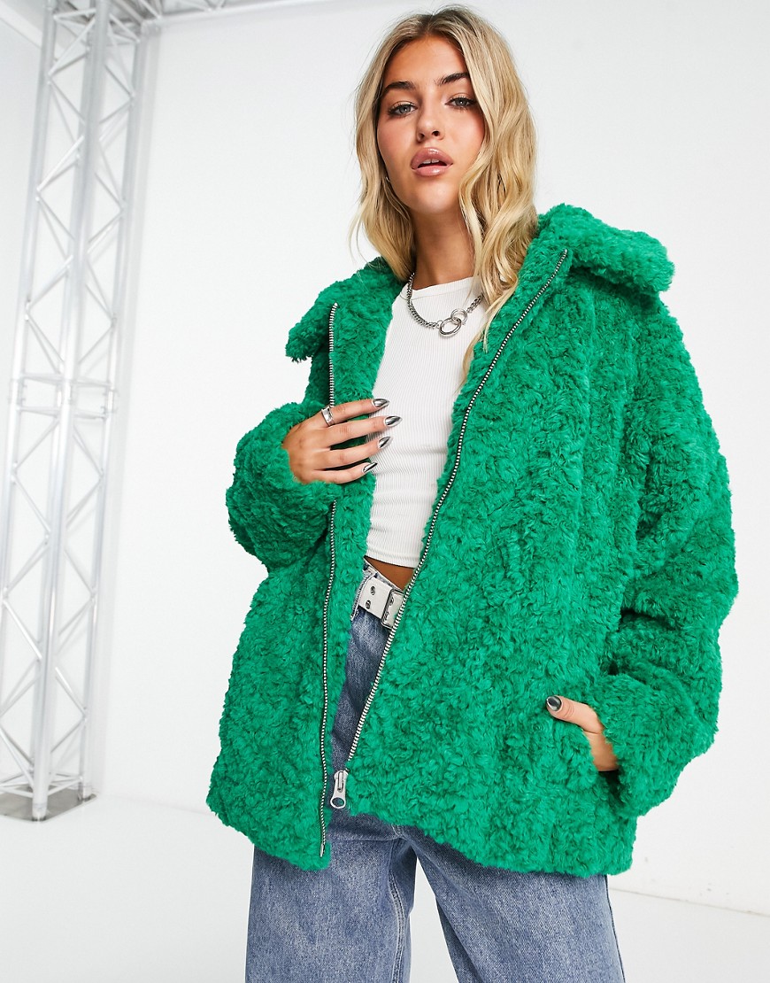 Monki curly faux fur boxy jacket in green