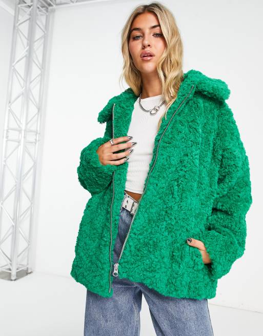 Monki curly faux fur boxy jacket in green | ASOS