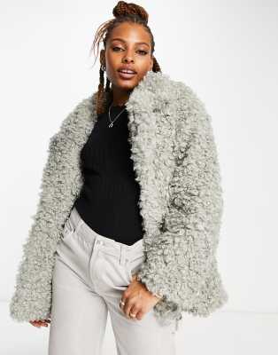 ASOS Design Curly Faux Sheepskin Jacket in sand-Neutral