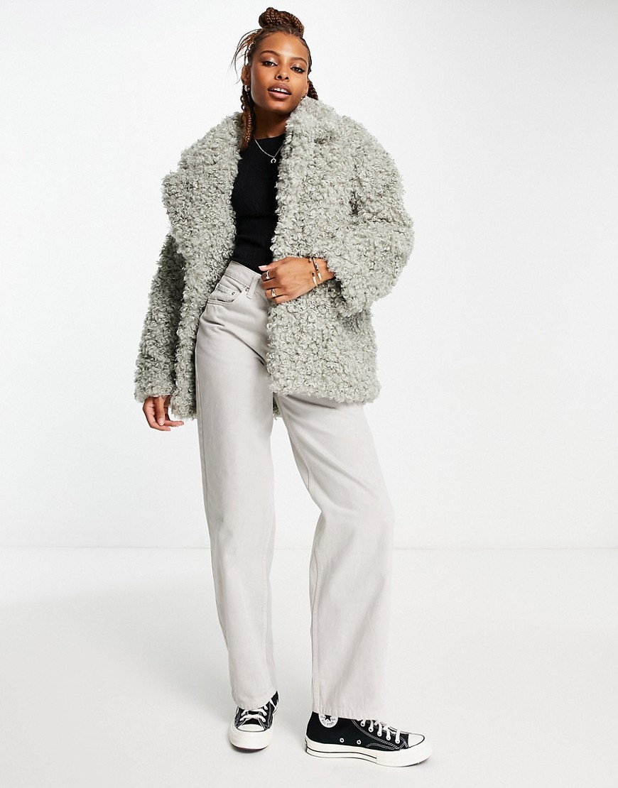 Monki curly faux fur jacket in grey-Neutral