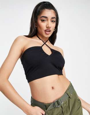 Monki cut out bandeau halter top in black