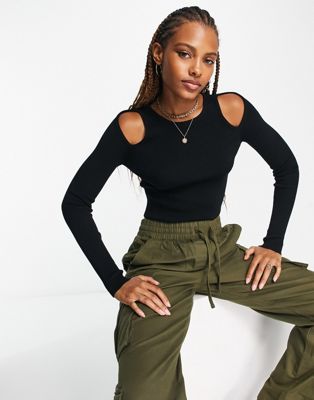 Monki cut-out cropped knitted jumper in black
