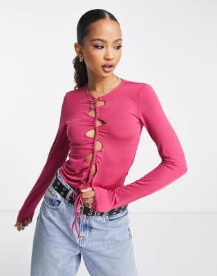 Monki cut-out drawstring long sleeve top in pink