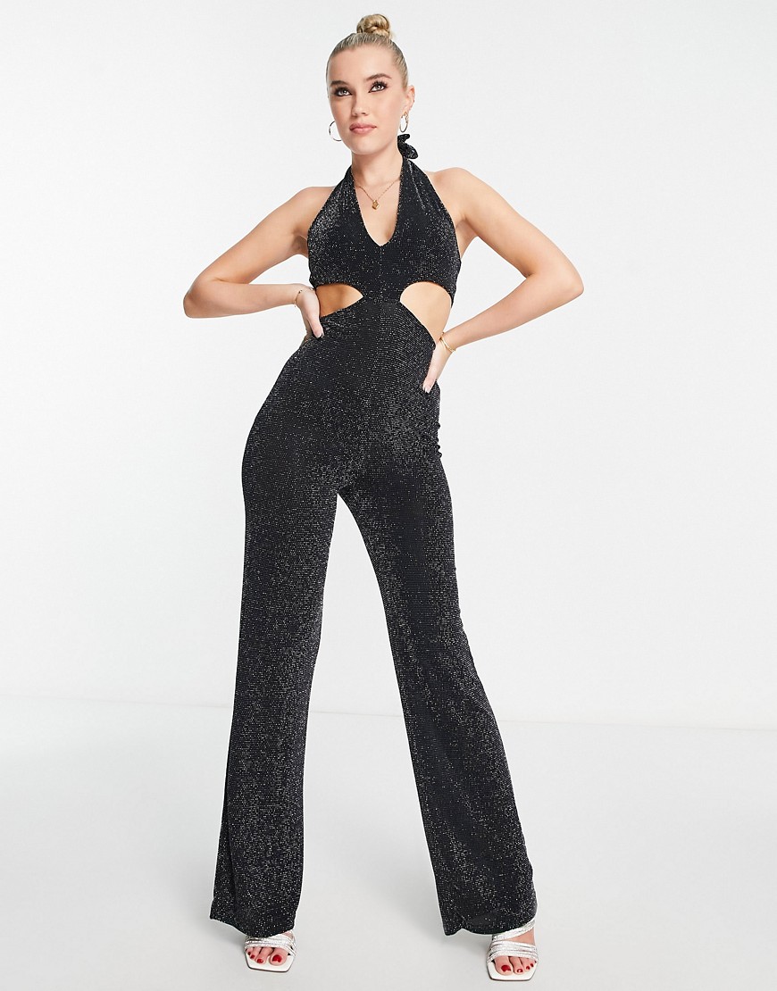 Monki cut out glitter halter neck jumpsuit in black and silver