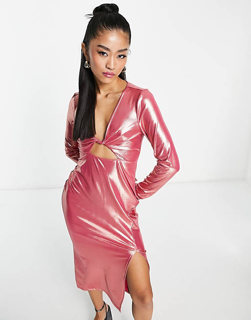 Monki cut out midi dress with split in pink metallic