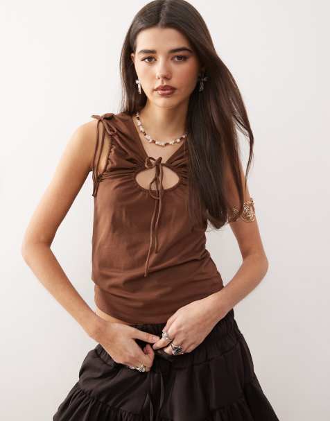 Monki cut out ruched tank with tie details in brown - view 1