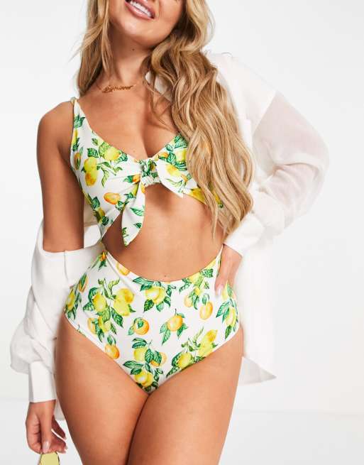 Monki cut out swimsuit in lemon print