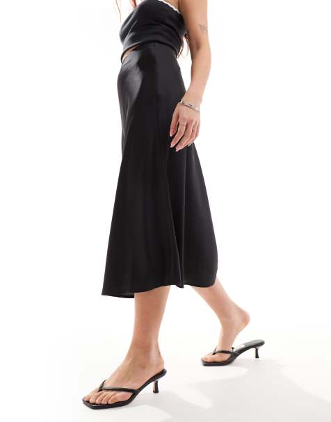 Monki midi satin skirt in black