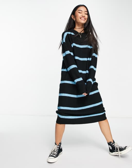 Monki – Czarna dzianinowa sukienka midi w paski – BLACK