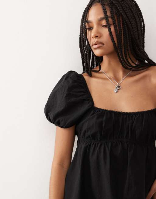 Monki – Czarna lniana sukienka mini z bufkami, tylko w ASOS, 3 z 4