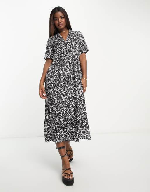 Monki – Czarna sukienka koszulowa midi w kwiatowy wzór