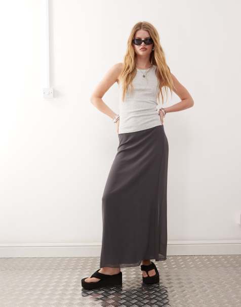 Monki chiffon bias cut midaxi skirt in black