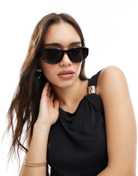 Monki – Czarne, owalne okulary przeciwsłoneczne typu kocie oczy - view 1