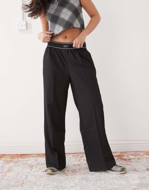 Monki wide leg trouser with boxer waistband in black
