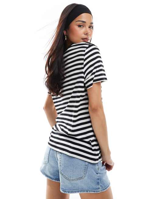 Monki – Czarno-biały T-shirt z krótkimi rękawami w paski, 3 z 4