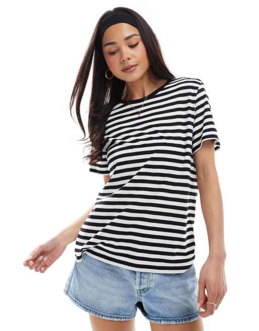 Monki – Czarno-biały T-shirt z krótkimi rękawami w paski, 4 z 4