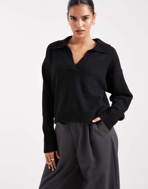 Monki long sleeve collar polo knitted jumper in black
