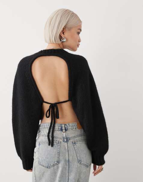 Monki open tie back knitted jumper with wool in black
