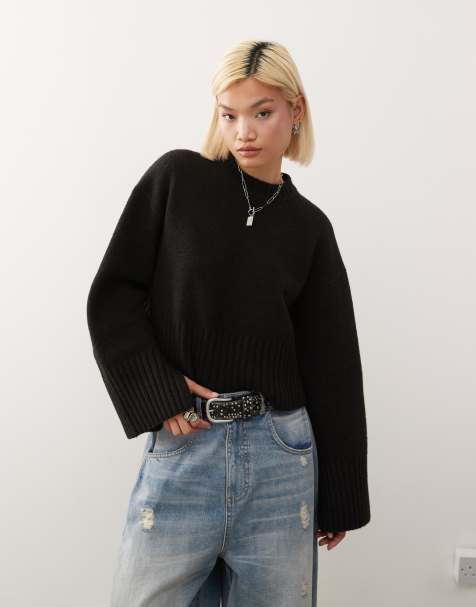 Monki relaxed crew neck jumper in black