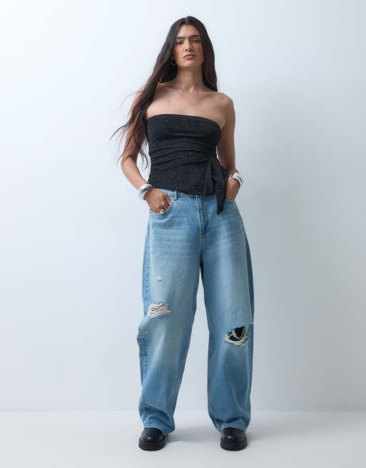 Monki czarny top bandeau z ćwiekami i falbanką, 3 z 5