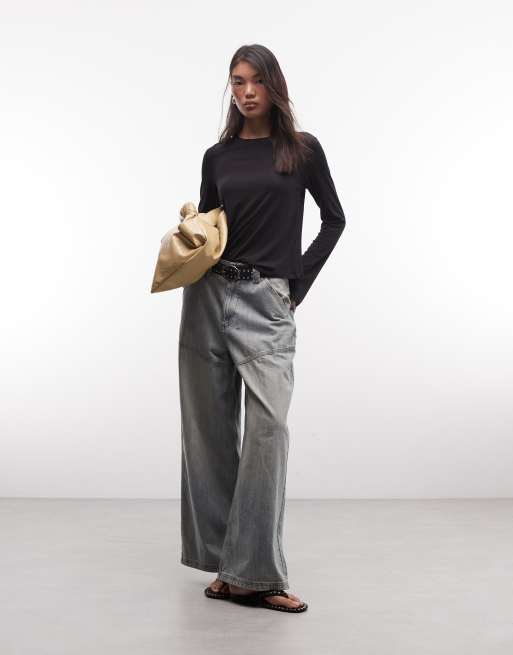 Monki czarny top z dżerseju z długim rozszerzanym rękawem, 3 z 4