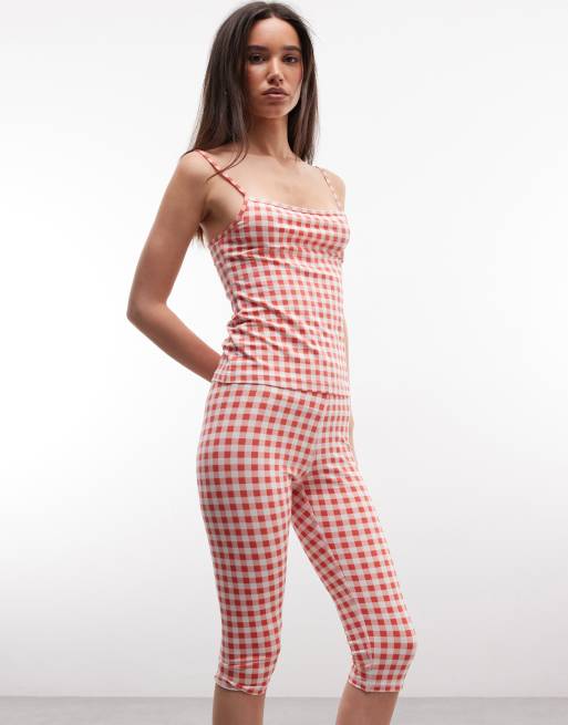 Monki – Czerwony zestaw ze stretchem w kratkę vichy ze spodniami capri, 3 z 3