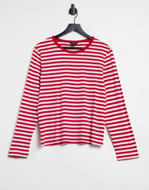 Monki – Czerwony T-shirt z długim rękawem i wzorem w paski