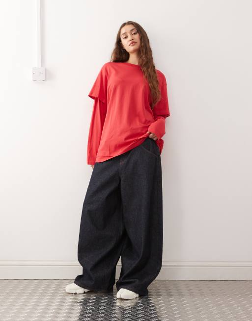 Monki – Czerwony warstwowy T-shirt oversize z długimi rękawami, 2 z 4