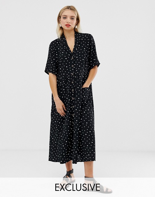 Monki daisy and dot print midi shirt dress with pockets in black