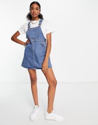 Monki dungaree midi denim dress in blue