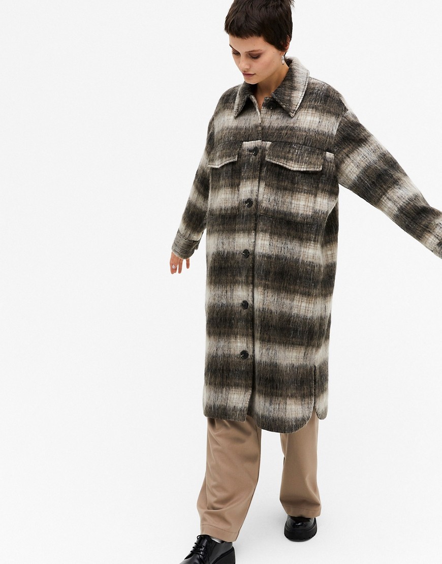 Monki Daze Recycled check longline shacket in brown
